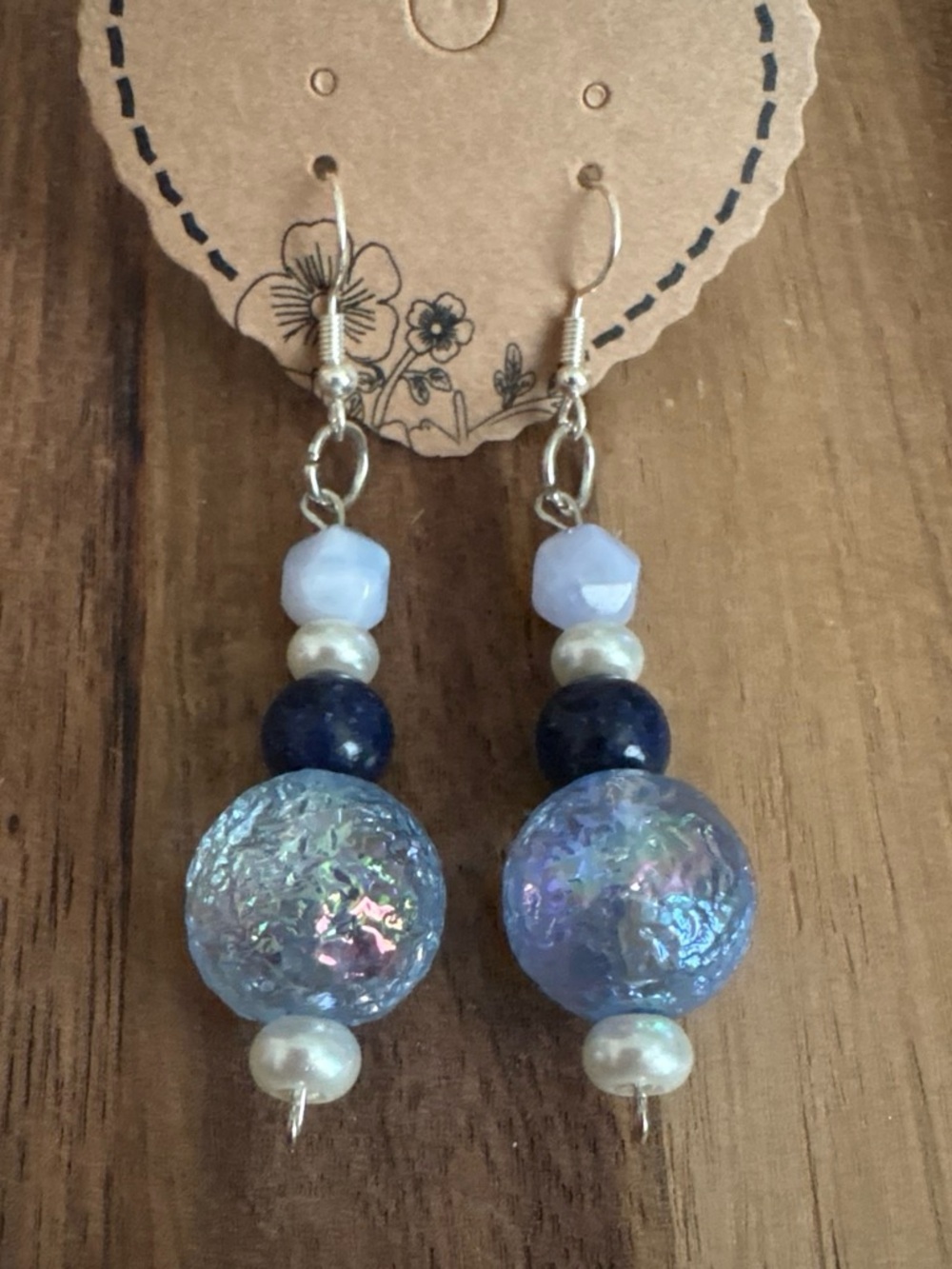 Handmade Iridescent Blue & Pearl Beaded Earrings w/ Aquamarine & Lapis Lazuli